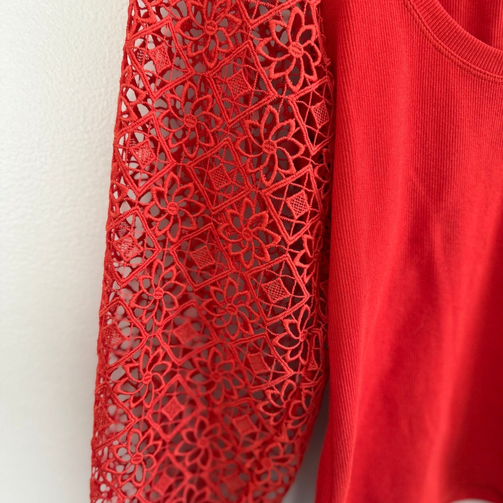 Maeve Anthropologie Red Ribbed Knit Top Floral Guipure Lace Balloon Sleeve Sz XS - Picture 8 of 12